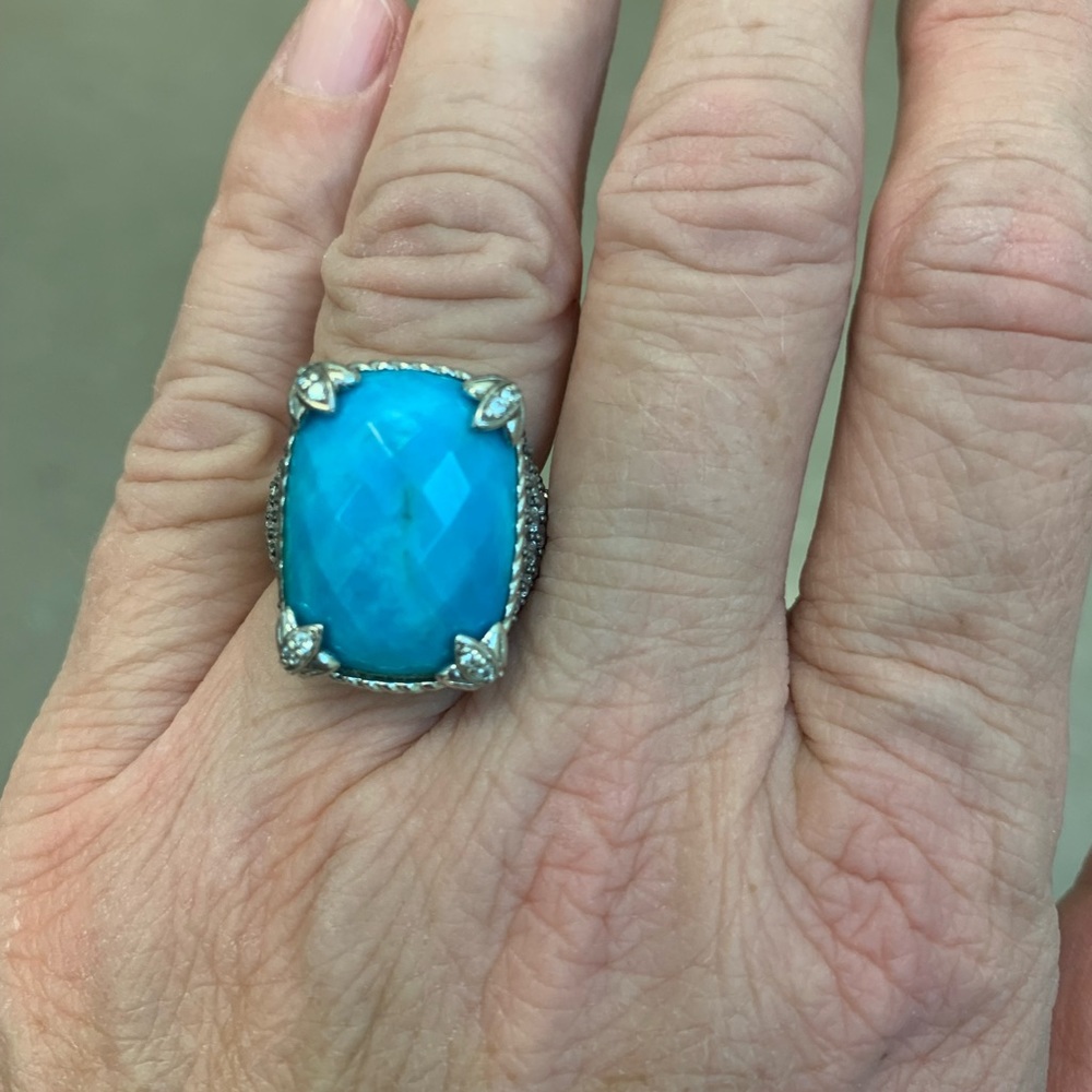 Judith Ripka SS, CZ and turquoise Monaco ring -size 6.75 - Picture 5 of 16
